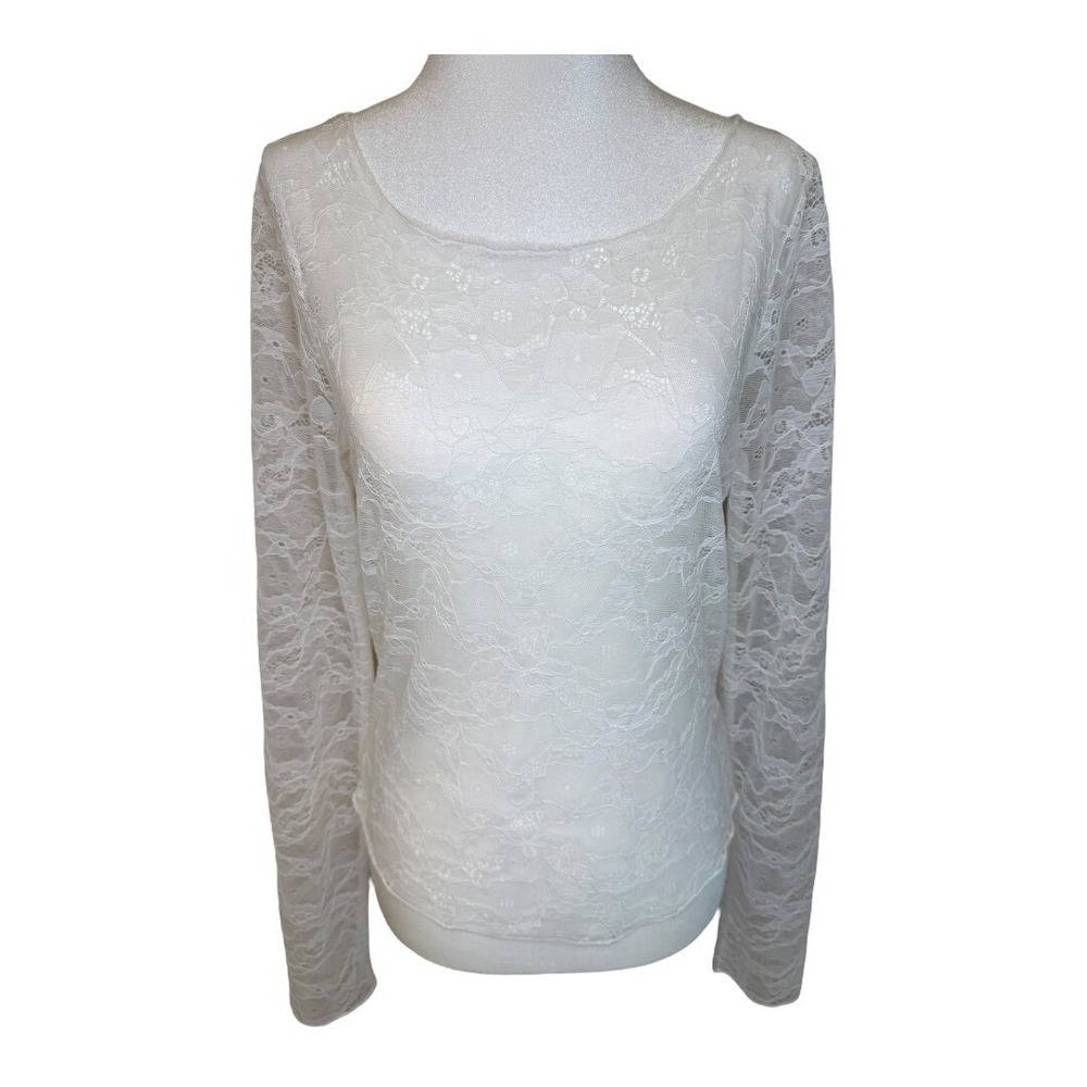 Urban Social Lace Top Elegant Sheer Long Sleeve Blouse Ivory Cream Size XS‎